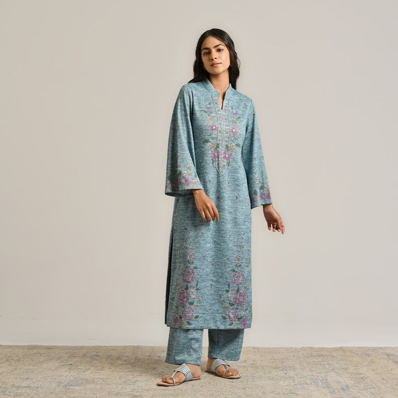 Skyblue Floral Woollen Kurta Set with Embroidery Detail