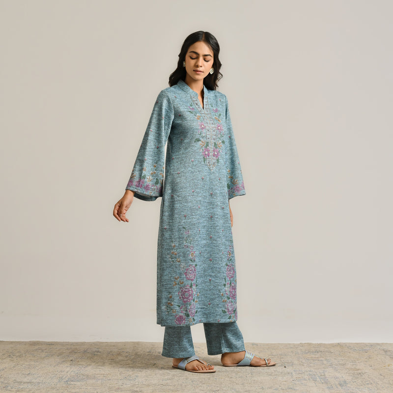 Skyblue Floral Woollen Kurta Set with Embroidery Detail