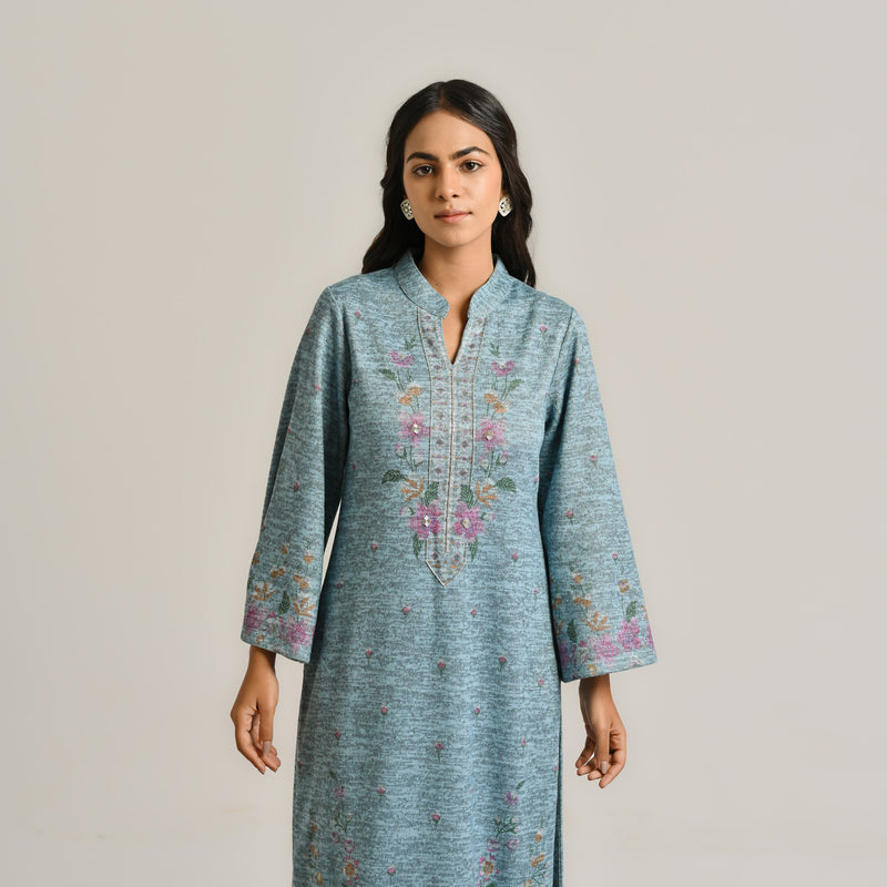 Skyblue Floral Woollen Kurta Set with Embroidery Detail