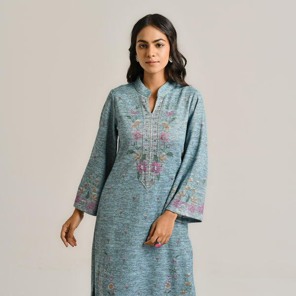 Skyblue Floral Woollen Kurta with Embroidery Detail