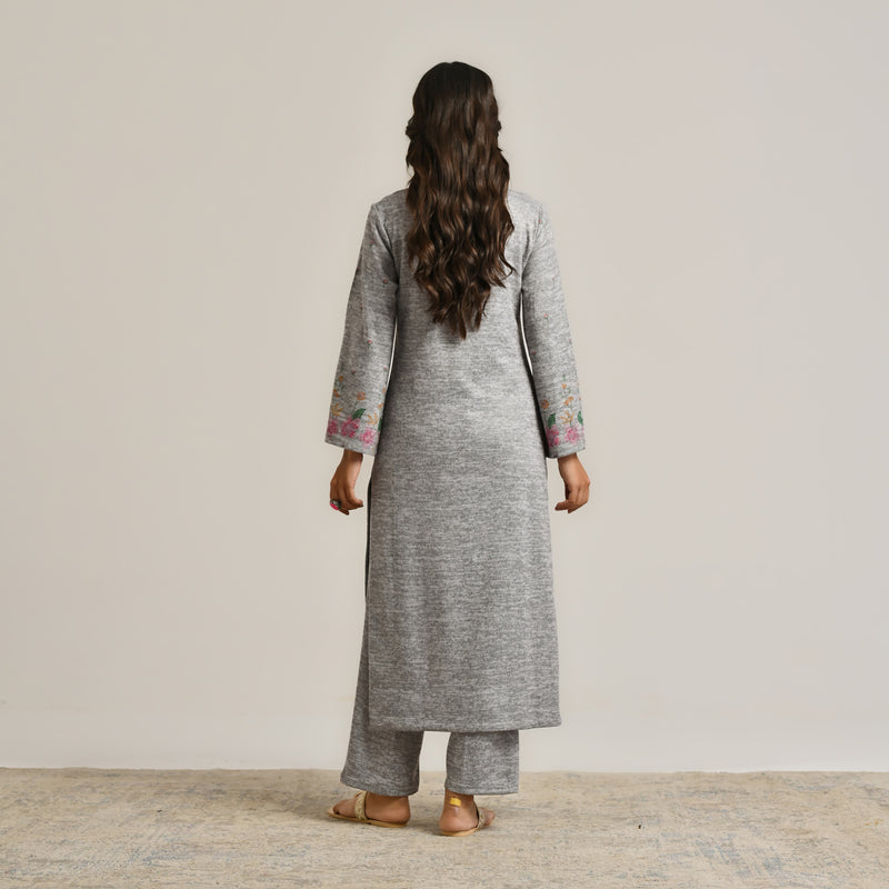 Grey Floral Woollen Kurta with Embroidery Detail