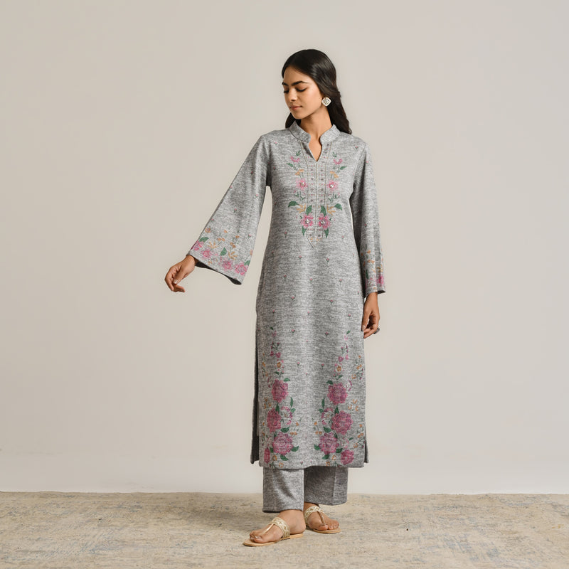 Grey Floral Woollen Kurta Set with Embroidery Detail