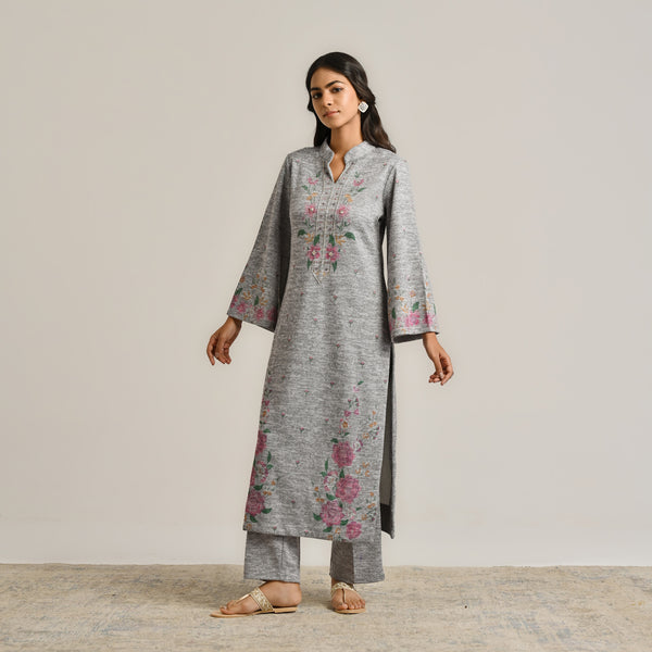 Grey Floral Woollen Kurta Set with Embroidery Detail