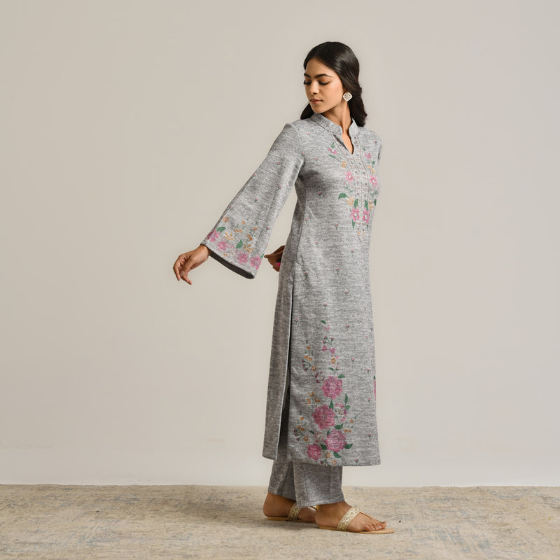 Grey Floral Woollen Kurta with Embroidery Detail