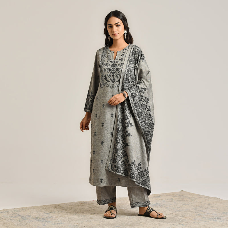 Grey Contemporary Embroidered Woollen Kurta Set with Dupatta