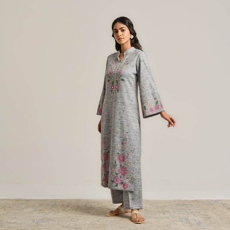 Grey Floral Woollen Kurta with Embroidery Detail