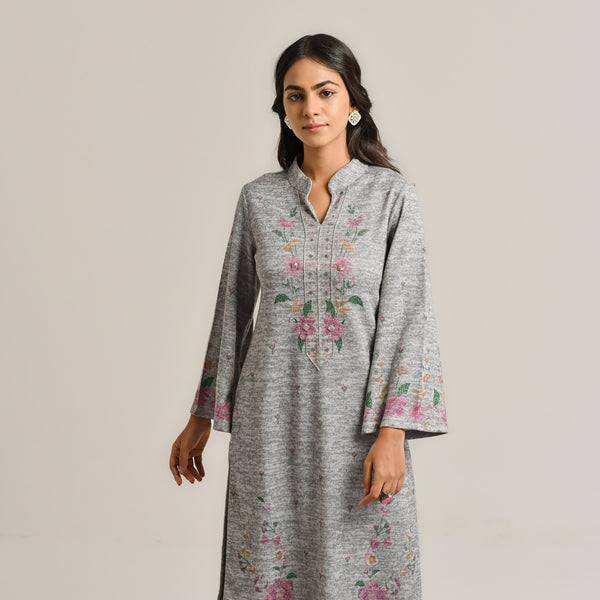 Grey Floral Woollen Kurta with Embroidery Detail