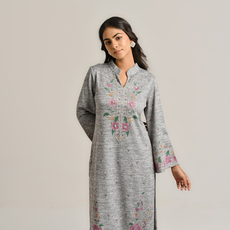 Grey Floral Woollen Kurta with Embroidery Detail