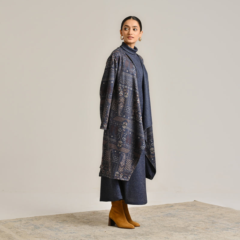 Blue Woollen Winter Dress with Shrug