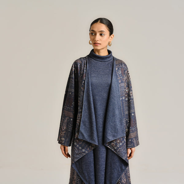 Blue Woollen Winter Dress with Shrug