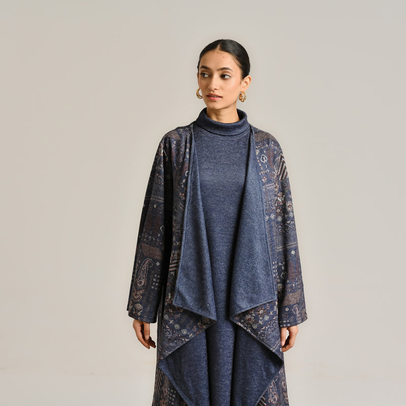 Blue Woollen Winter Dress with Shrug