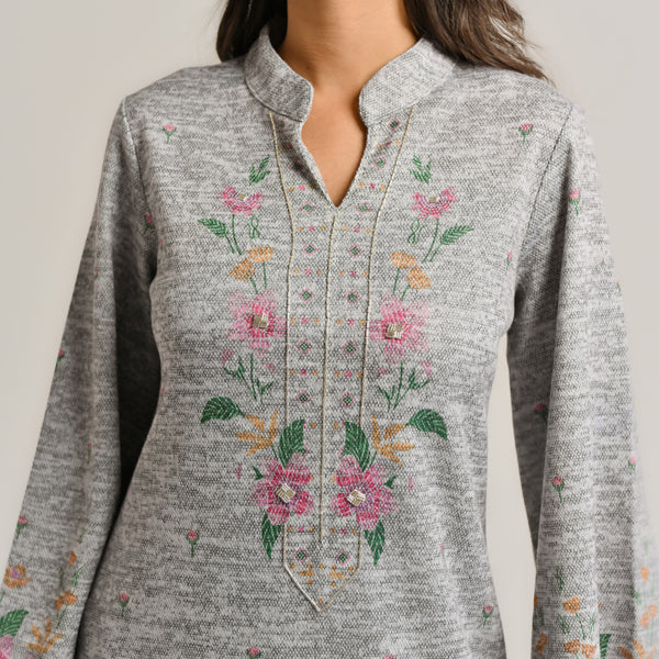 Grey Floral Woollen Kurta Set with Embroidery Detail