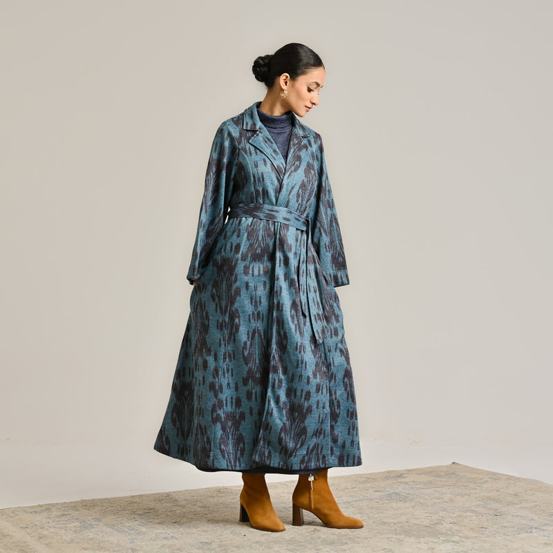 Blue Woollen Statement Trench Coat with Belt Detail