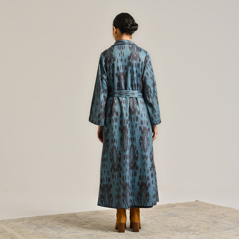 Blue Woollen Statement Trench Coat with Belt Detail