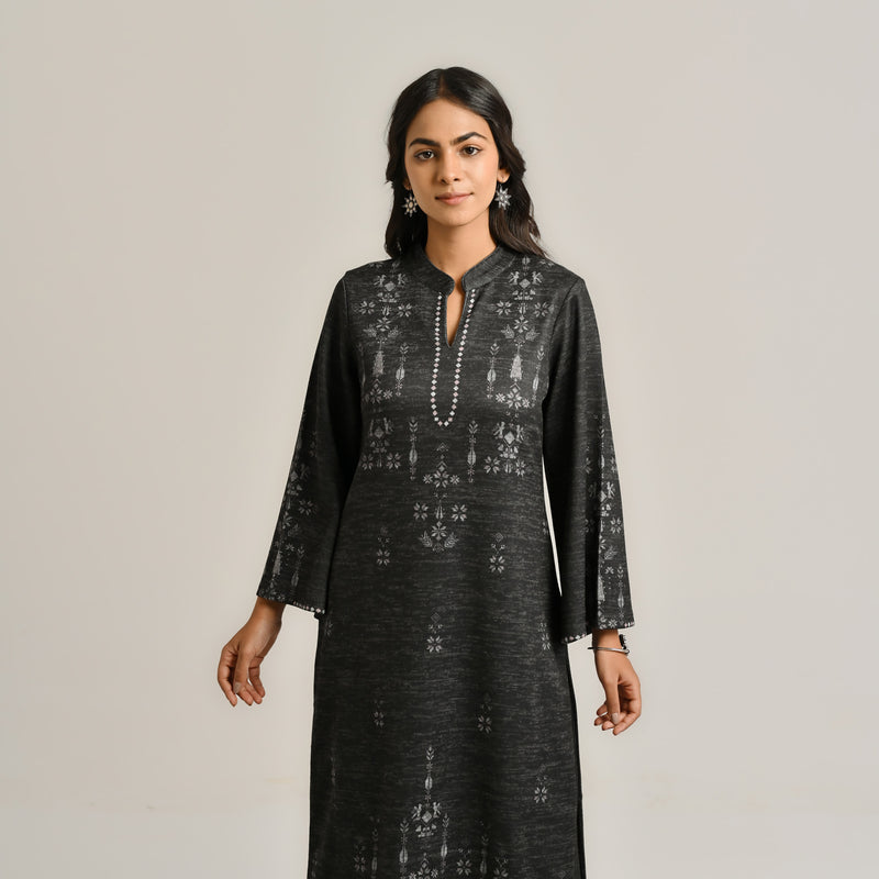 Black Contemporary Woollen Kurta Set