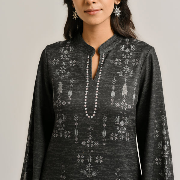 Black Contemporary Woollen Kurta Set