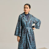 Blue Woollen Statement Trench Coat with Belt Detail