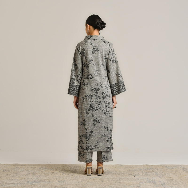 Grey Contemporary Woollen Kurta with Shawl Collar