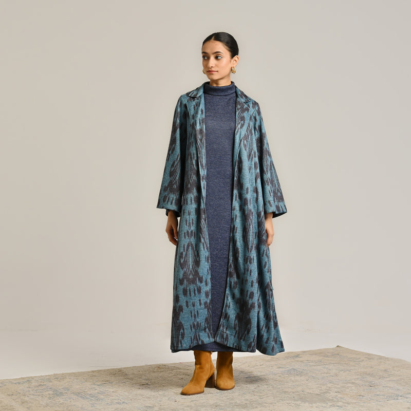 Blue Woollen Statement Trench Coat with Belt Detail