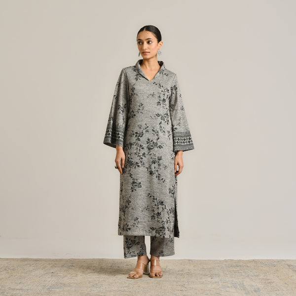 Grey Contemporary Woollen Kurta Set with Shawl Collar