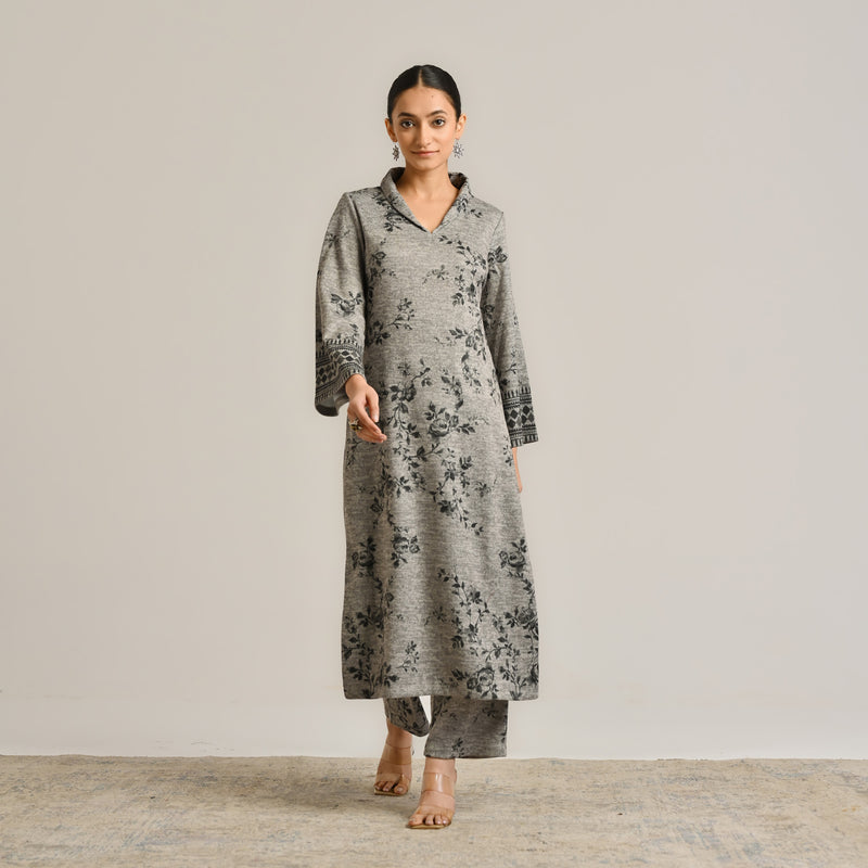 Grey Contemporary Woollen Kurta Set with Shawl Collar