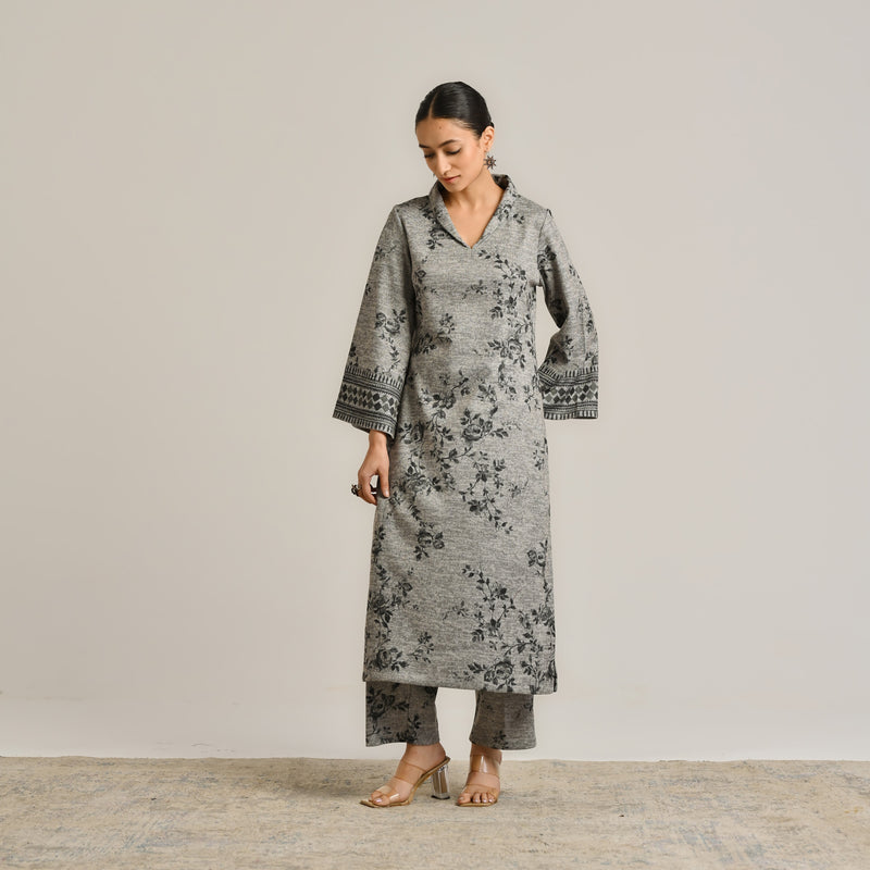 Grey Contemporary Woollen Kurta Set with Shawl Collar