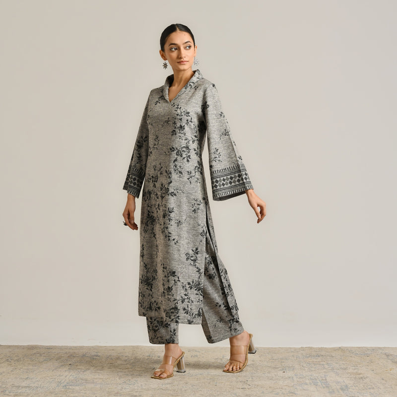 Grey Contemporary Woollen Kurta with Shawl Collar