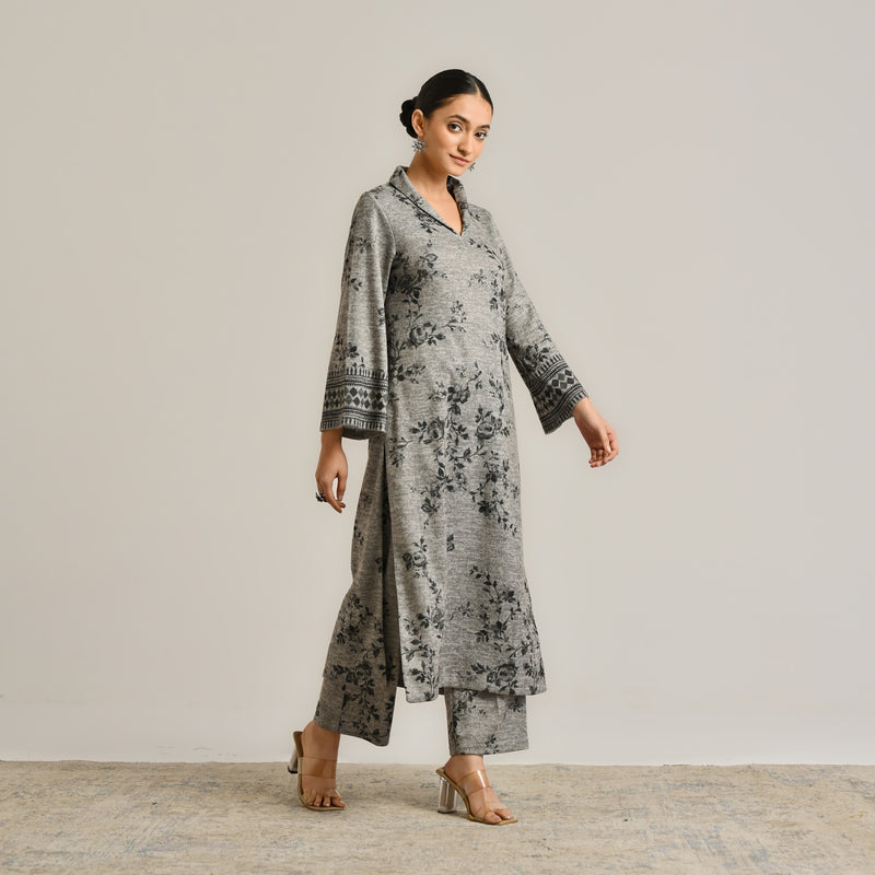 Grey Contemporary Woollen Kurta Set with Shawl Collar