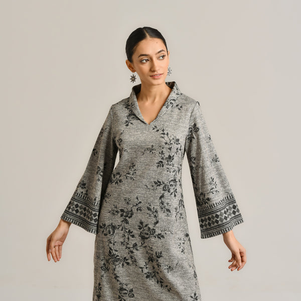 Grey Contemporary Woollen Kurta with Shawl Collar