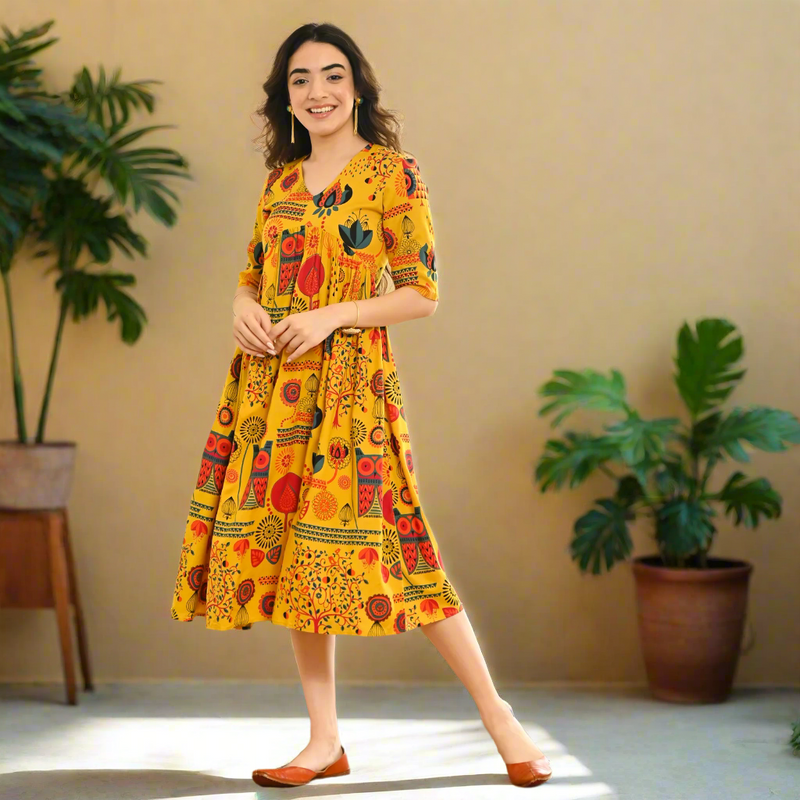 Yellow Abstract Print Flared Dress