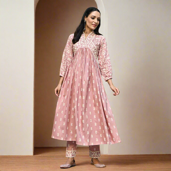 Blush Pink Floral Jaal V Neck Kurta Pant Co-ord Set