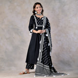 Black Front Gathered Kurta Set with Tassels