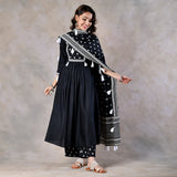 Black Front Gathered Kurta Set with Tassels