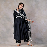 Black Front Gathered Kurta Set with Tassels