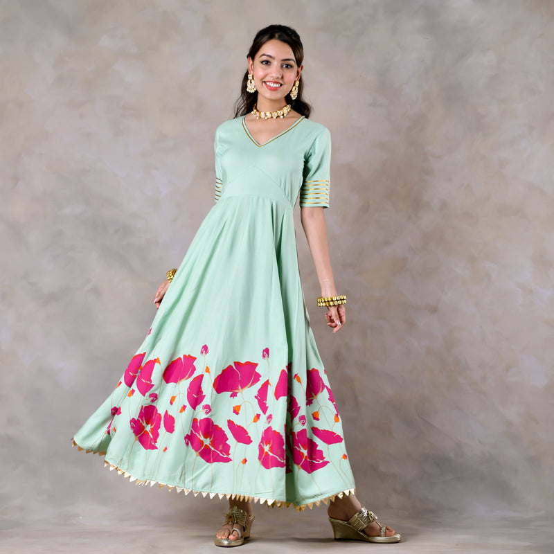 Buy Mint Green and Pink V Neck Dress With Gota Details | Rustorange