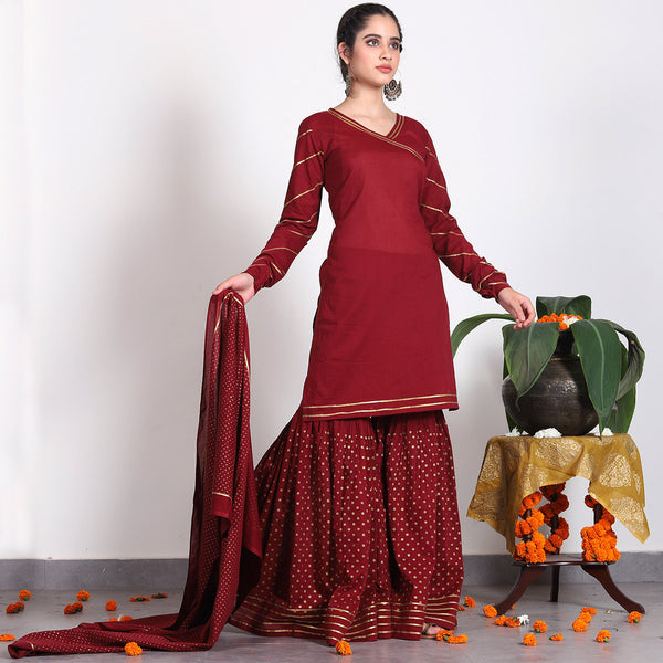 Maroon Gold Printed Gharara Set with Dupatta