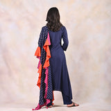 Indigo Kurta Pants Set with Tiered Bandhani Dupatta