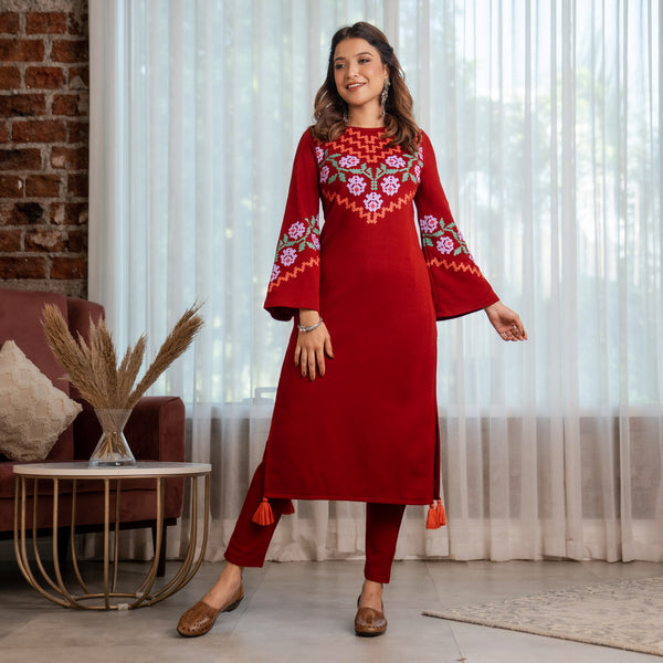 Maroon Acrylic Floral Kurta with Flared Sleeves