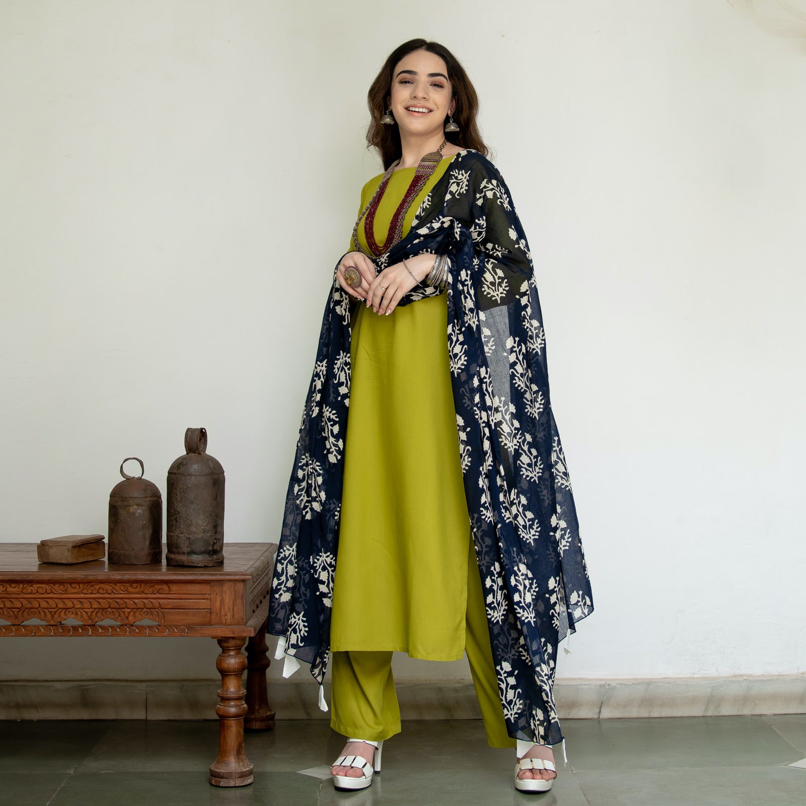 Buy Olive Salwar Kurta Set for Women with Indigo Dupatta | Rustorange