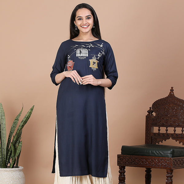 Blue Straight Kurta with Pocket Details & Cage on the Tree Embroidery