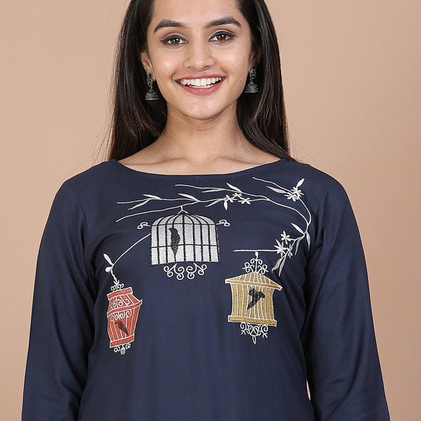 Blue Straight Kurta with Pocket Details & Cage on the Tree Embroidery