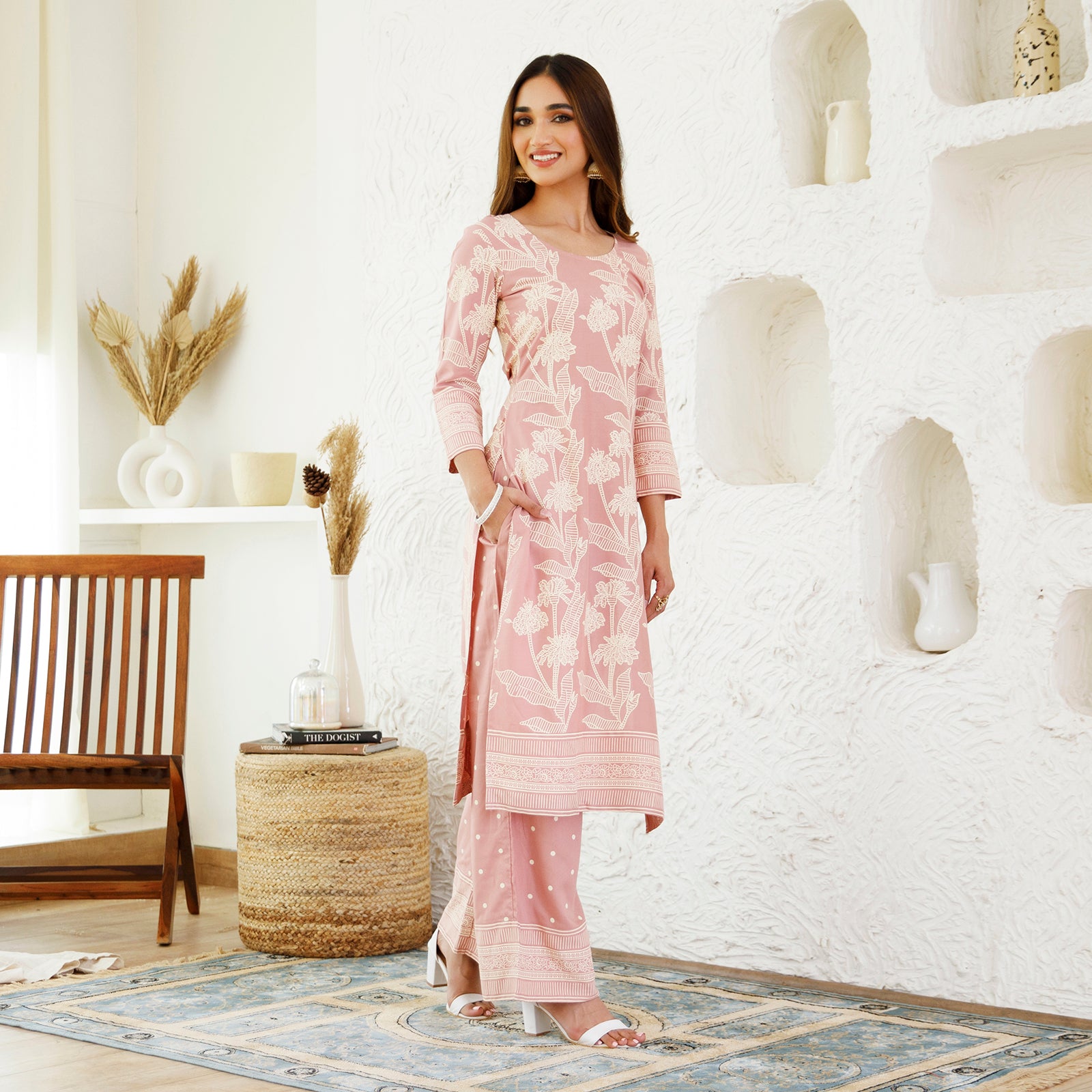 Buy Baby Pink Floral Jaal Kurta Pants Co-ord Set | Rustorange