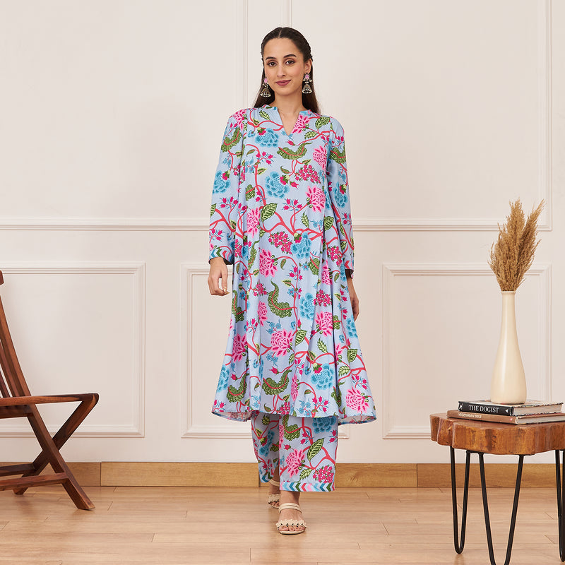 Powder Blue Front Pleated Floral Kurta Pant Co-ord Set for Women