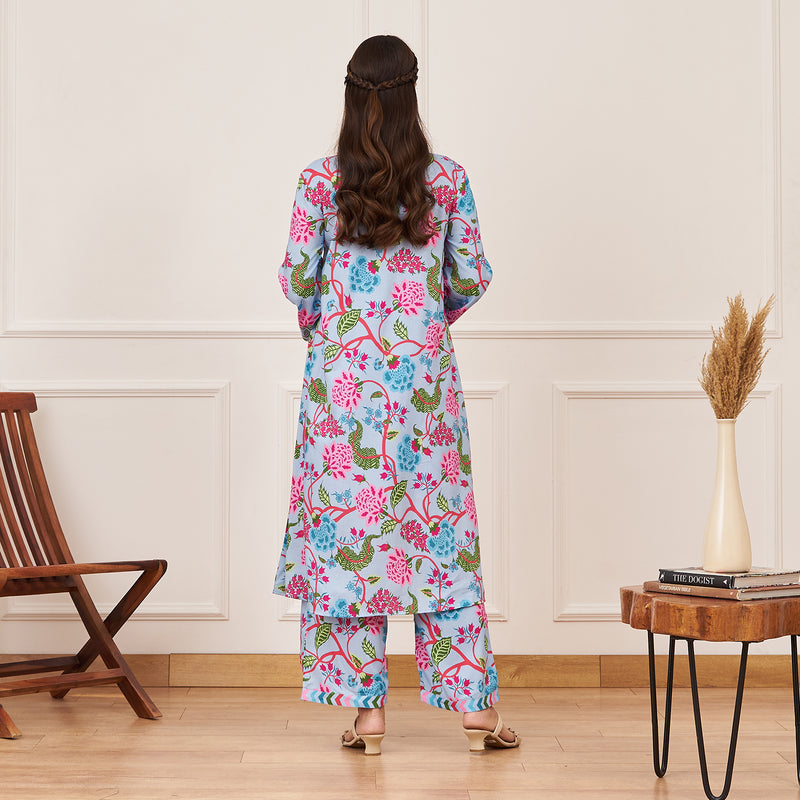 Powder Blue Front Pleated Floral Kurta Pant Co-ord Set for Women