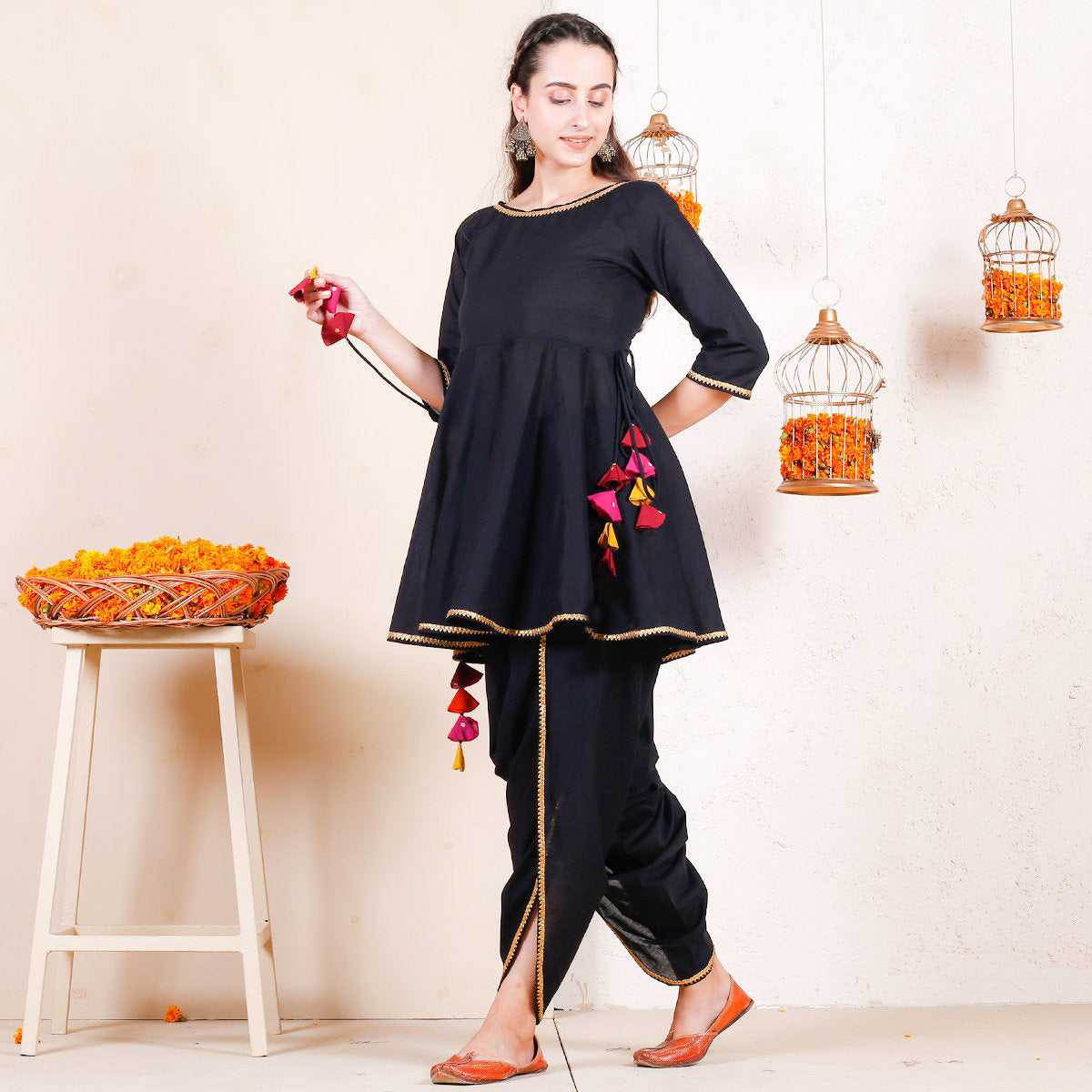 Floral Applique Tiered Peplum Top with Dhoti