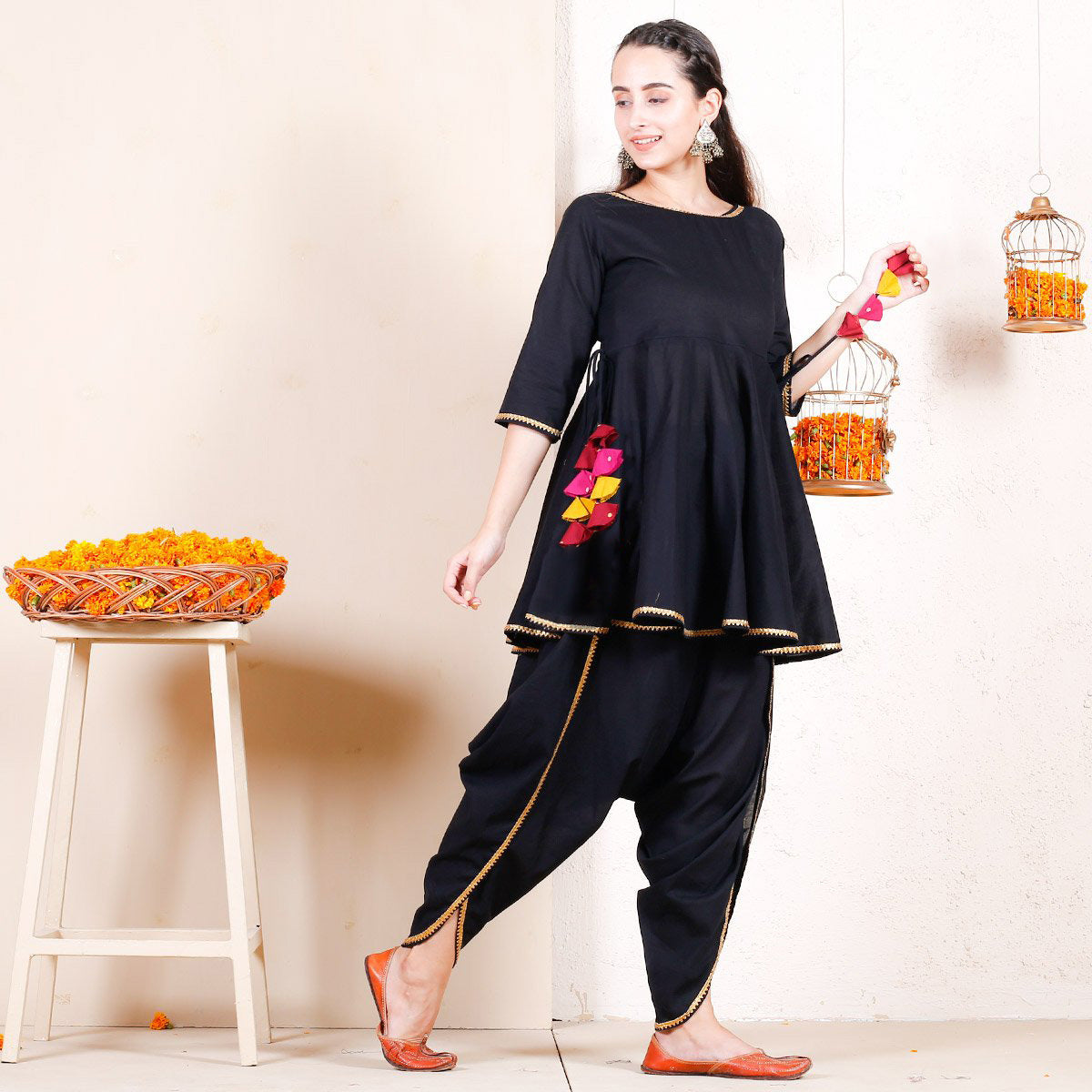 Buy Black Dhoti Peplum Top Set with Multicolour Tassels | Rustorange