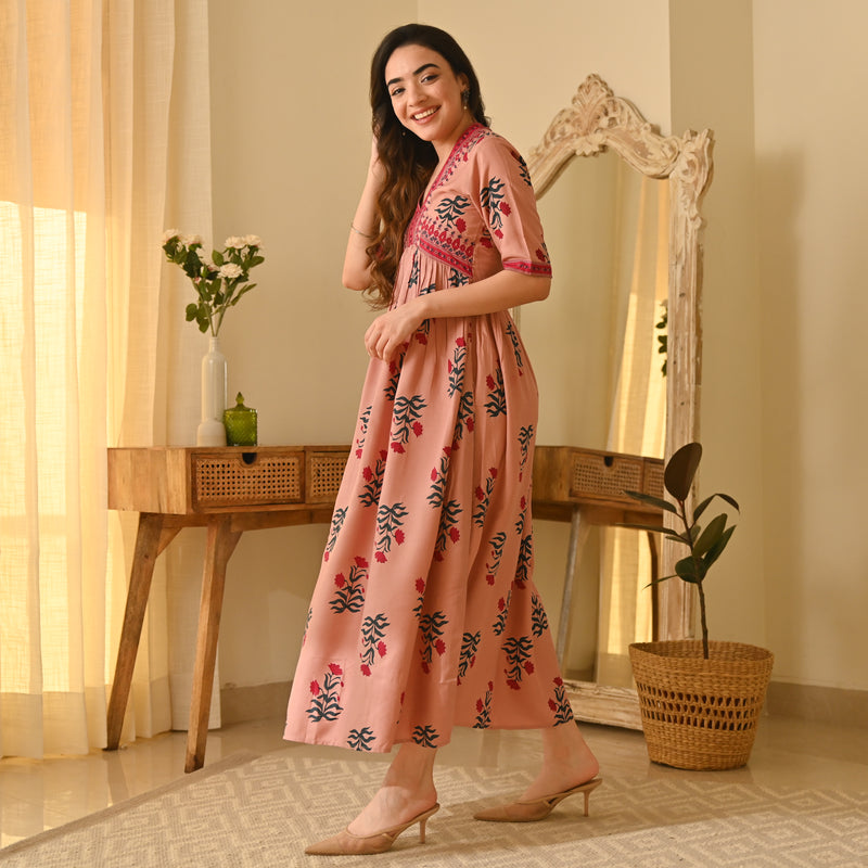Gulbagh Pink V Neck Dress – Rustorange