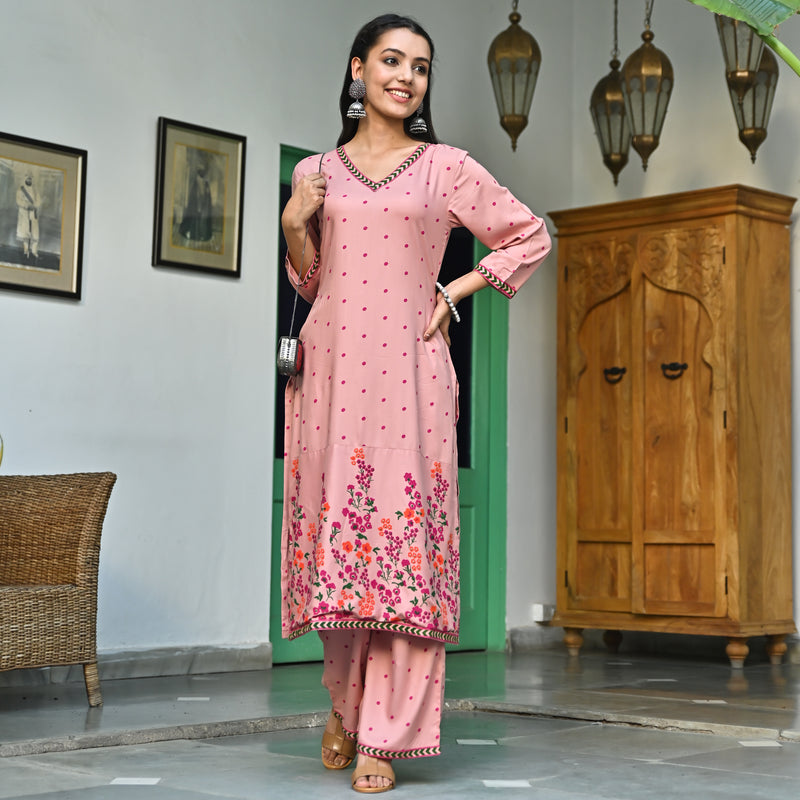 Pink V Neck Polka Kurta Pant Set